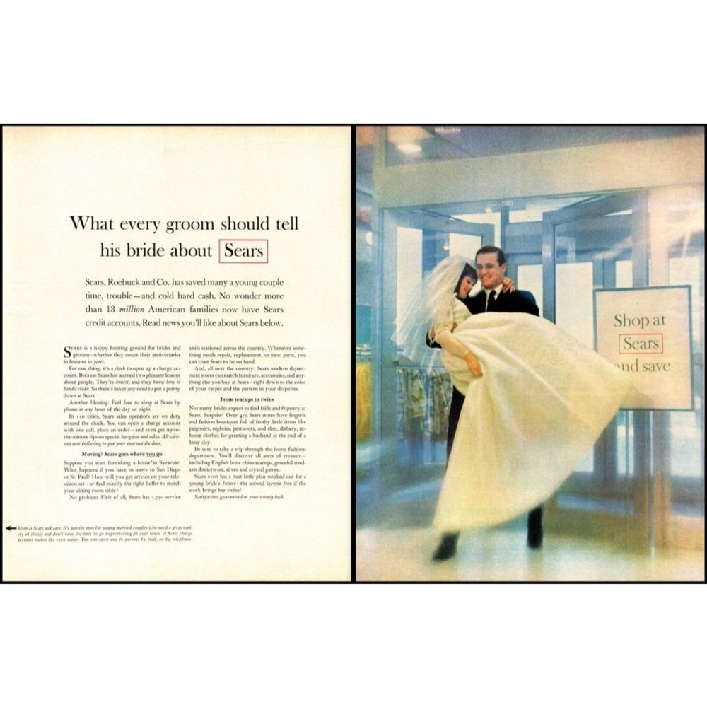 1964 Sears Roebuck 2 Page Vintage Print Ad Bride Groom Wedding Dress Wall Art